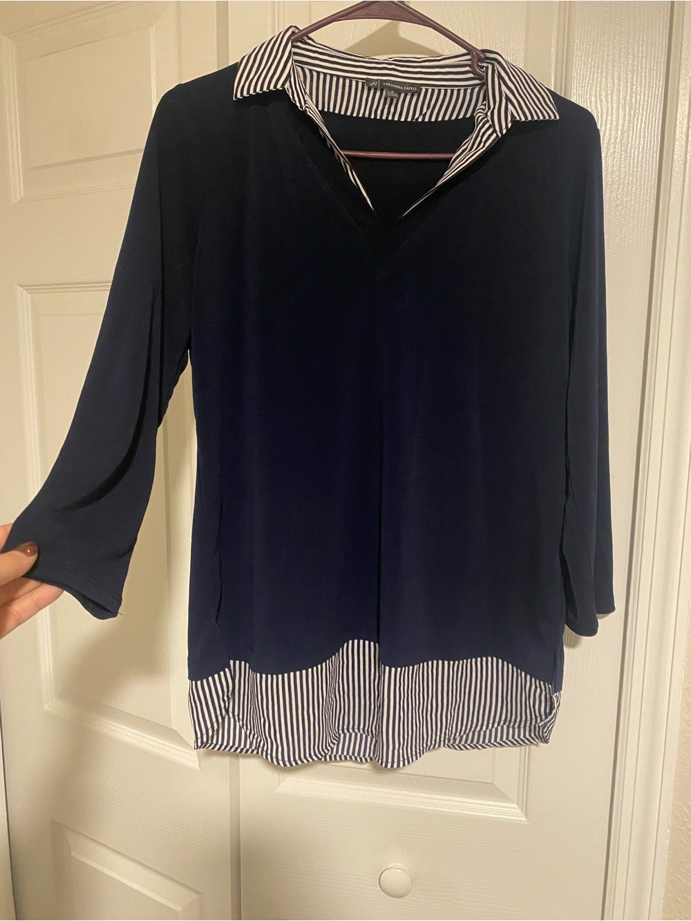 Adrianna Papell Navy Blouse with Striped Collar and Hem